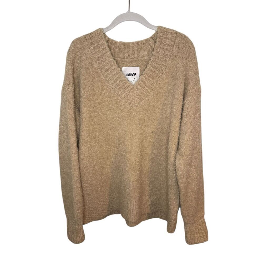 Aerie Teddy Boucle Tan V Neck Oversized Sweater Size Small NWOT - Picture 2 of 5